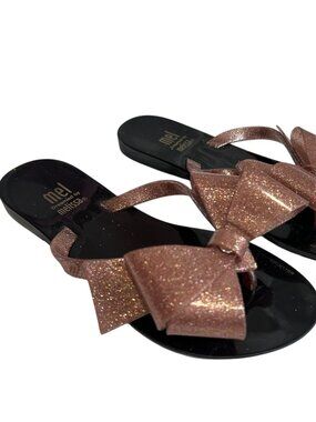 Melissa Sandals Harmonic Bow III Thong black glittery pink bow kids size 13